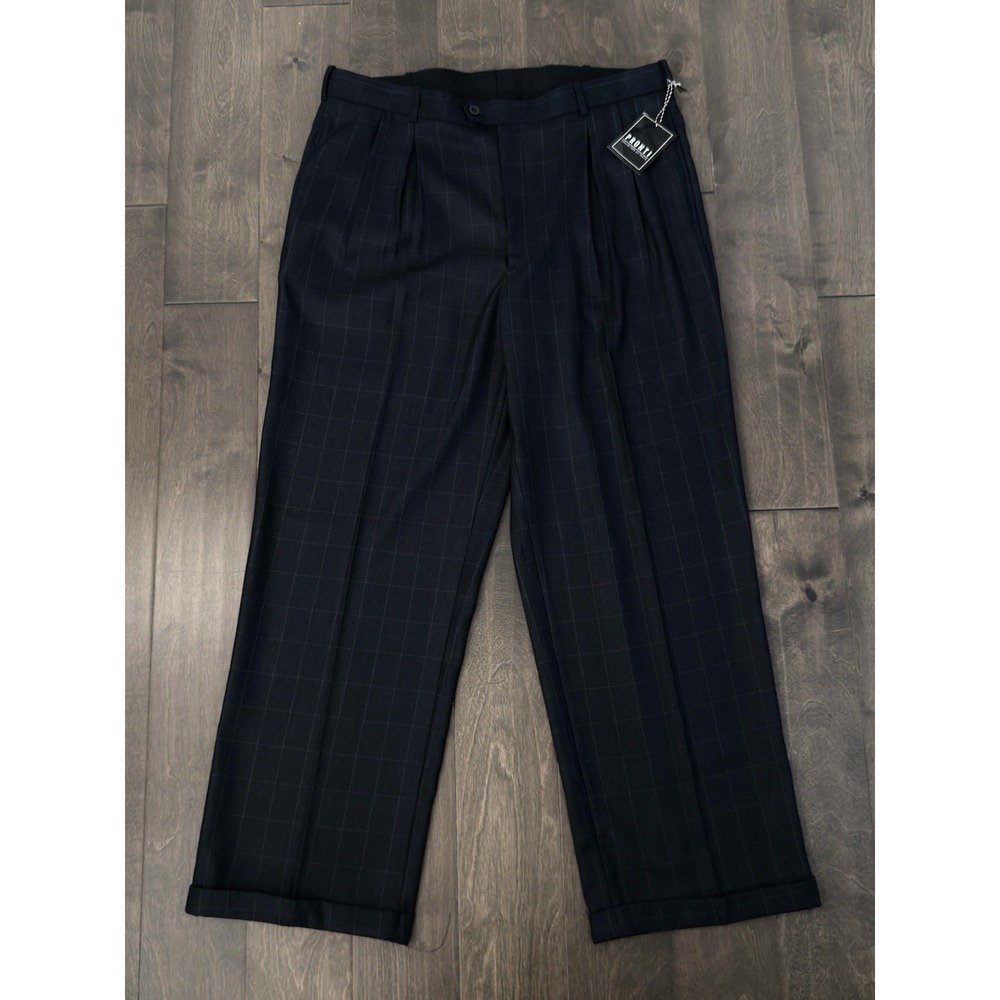 NWT Pronti Phita Mens Navy Blue Windowpane Pleated Dress Pants Size 40X32 Cuffed